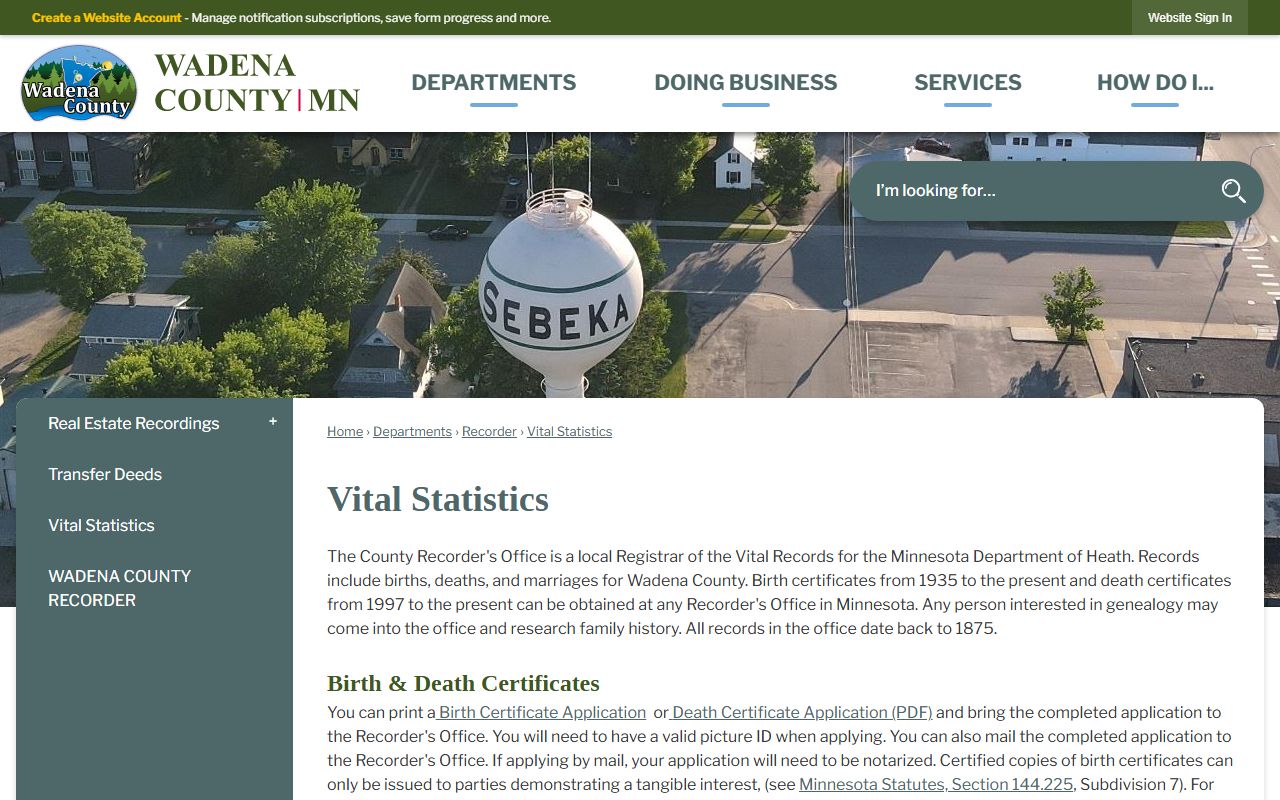 Wadena vital statistics page