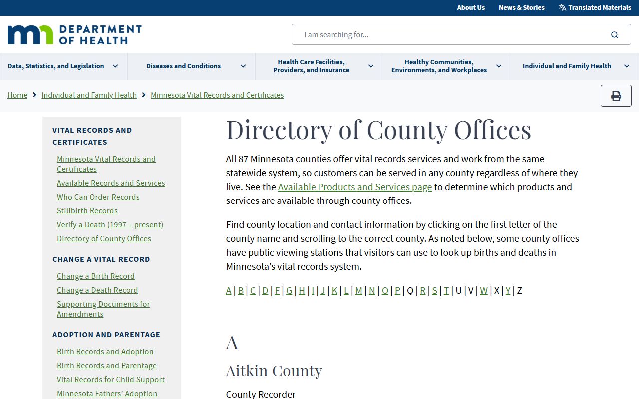 Minnesota county registrar directory page