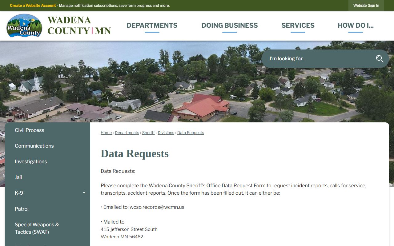 Wadena County Sheriff data requests page