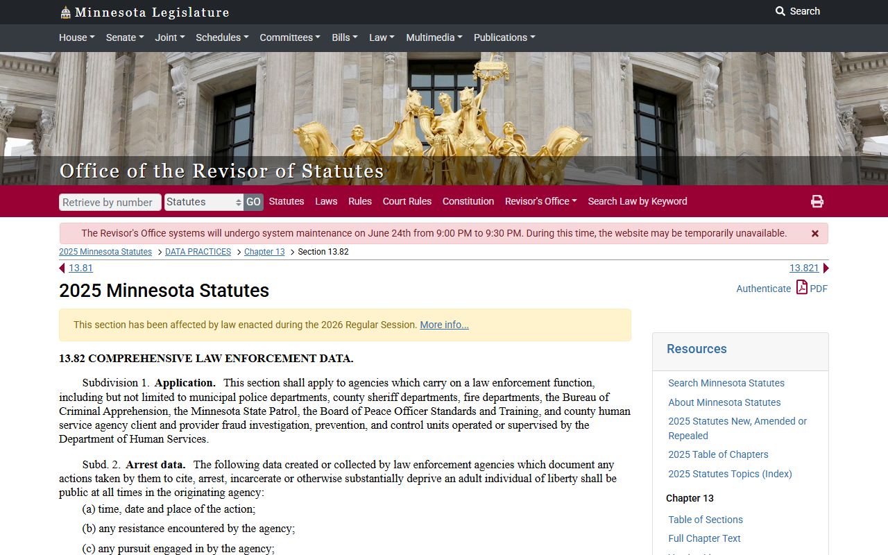Minnesota law-enforcement data statute page