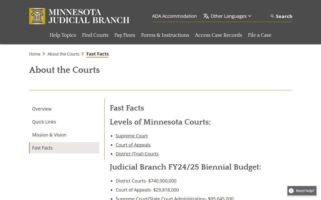 Minnesota court fast facts page