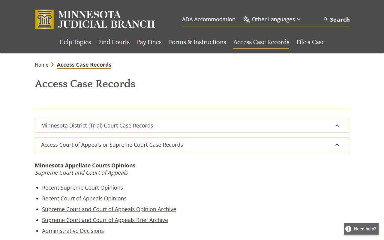 Minnesota Court Records Online access case records page