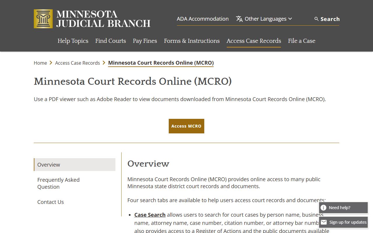 MCRO overview page for Minnesota court records