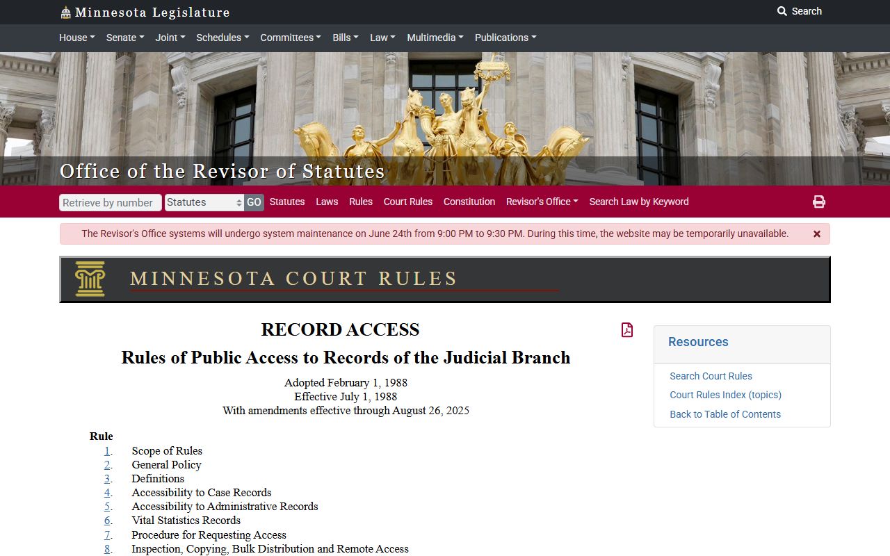 Minnesota Rules of Public Access table