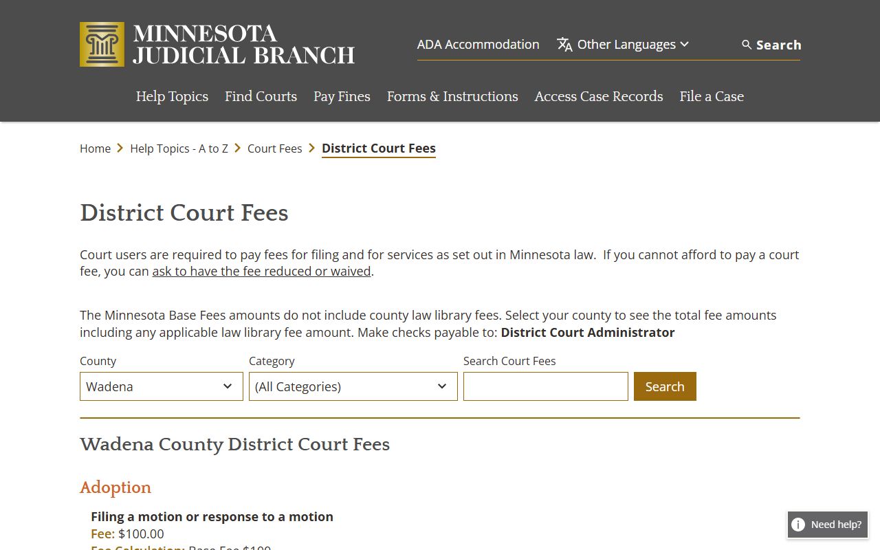 Wadena County court fee schedule page