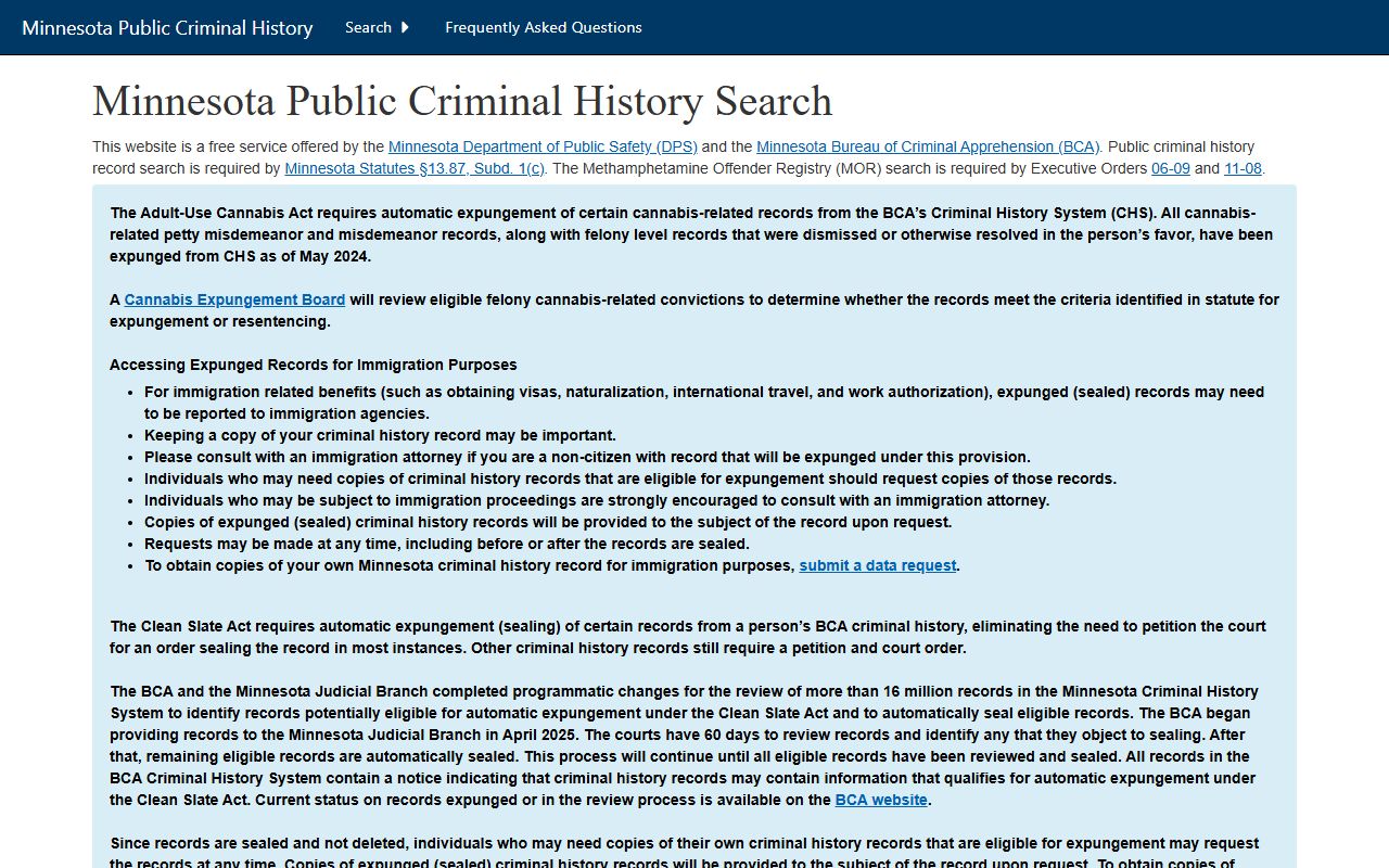 Minnesota BCA public criminal history home page