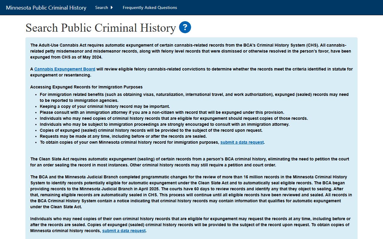 Minnesota BCA criminal history search form