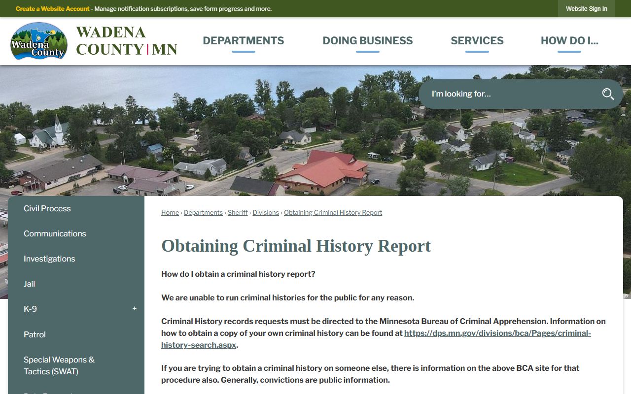 Wadena County Sheriff criminal history instructions page