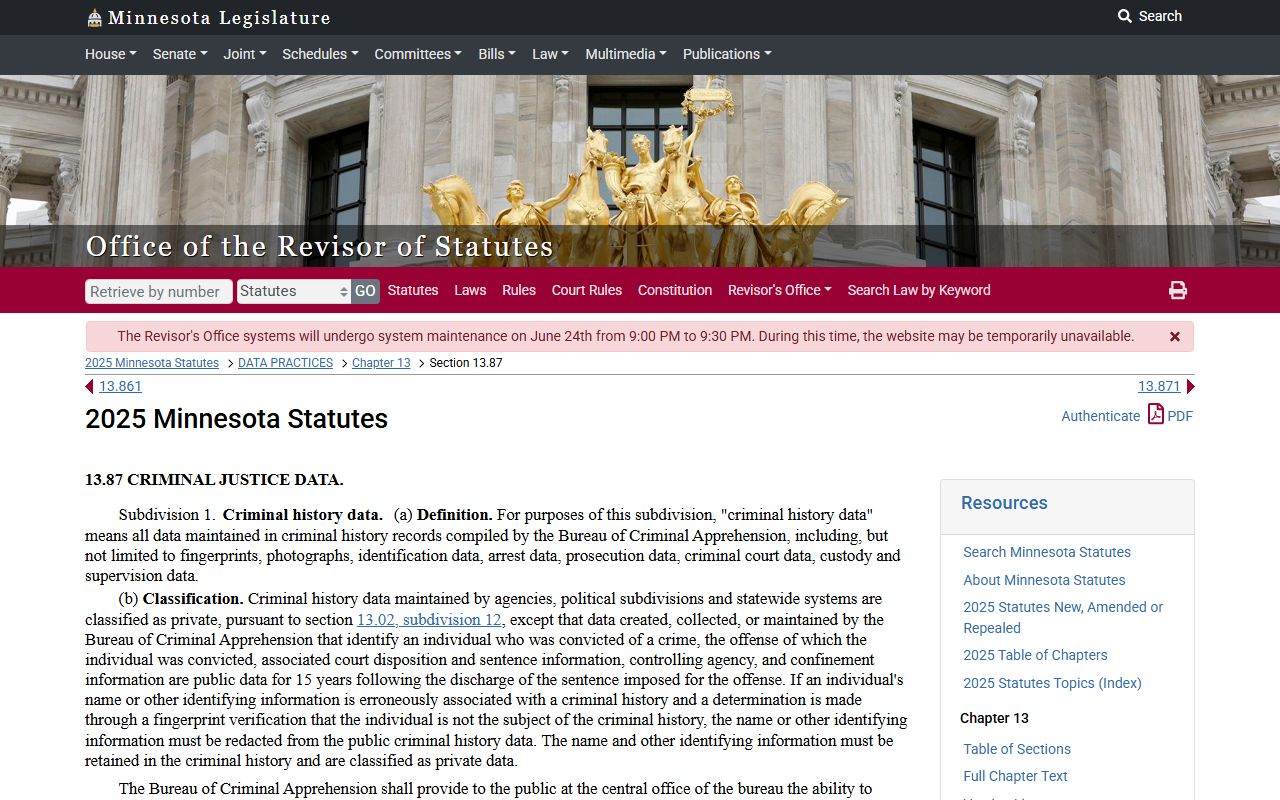 Minnesota criminal history data statute page