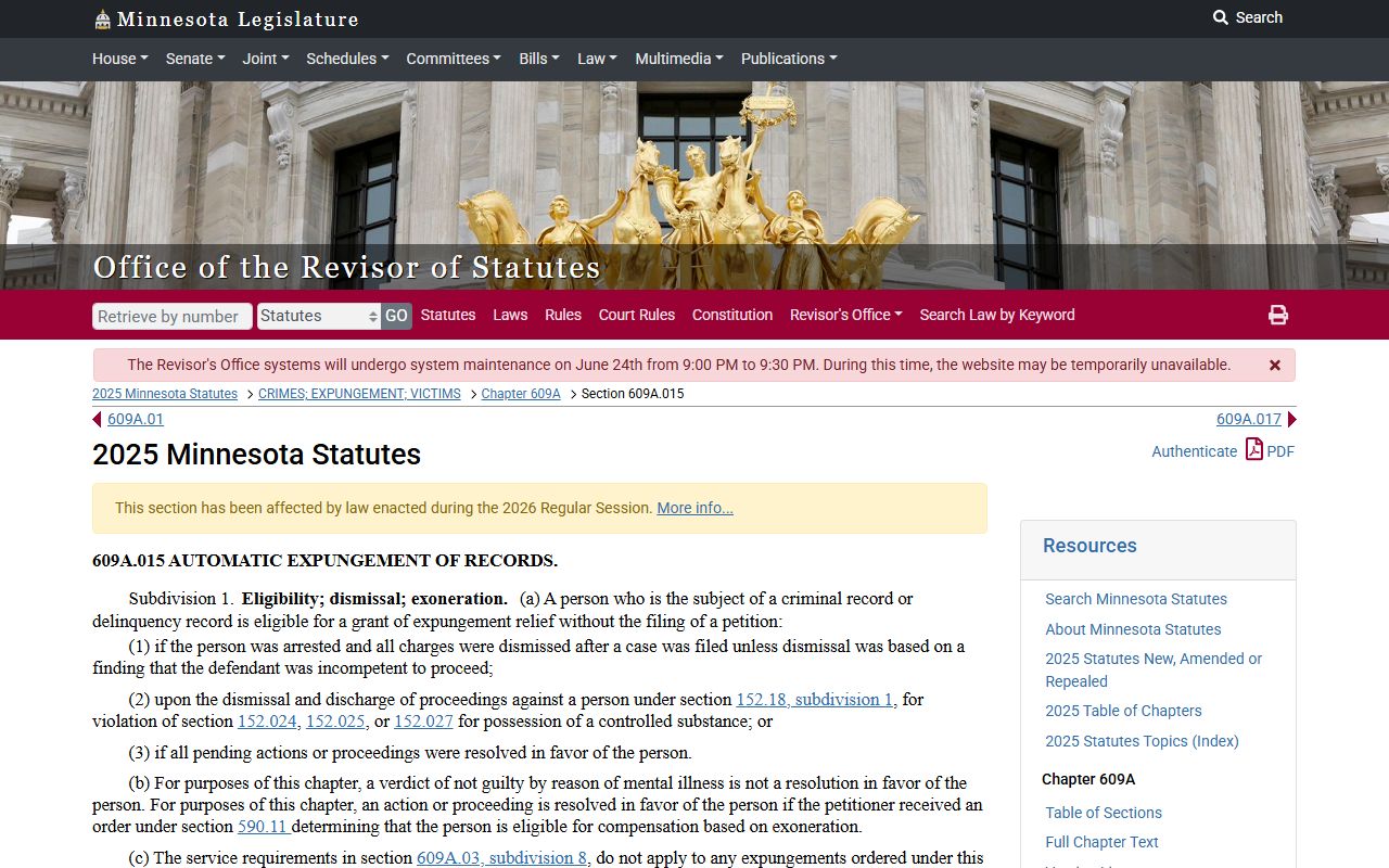 Minnesota automatic expungement statute page