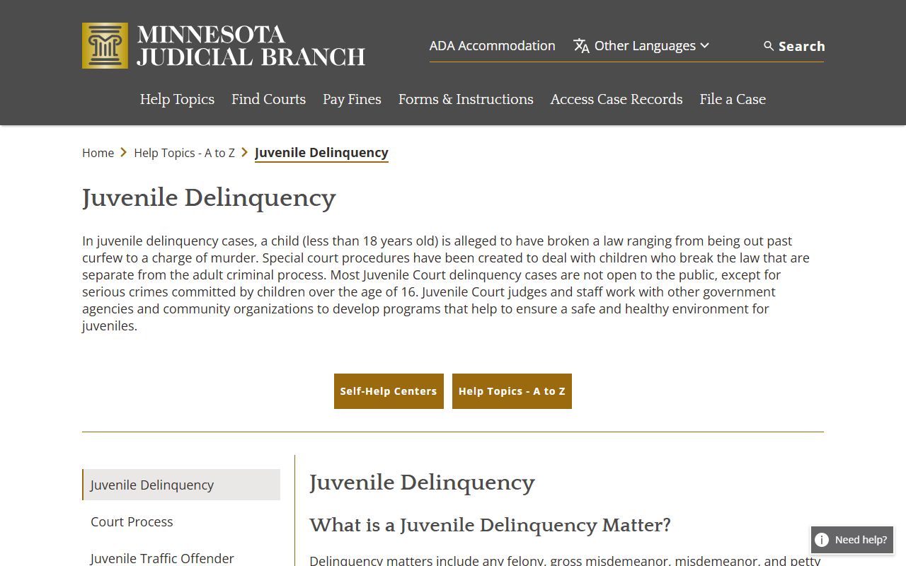 Minnesota juvenile delinquency help page