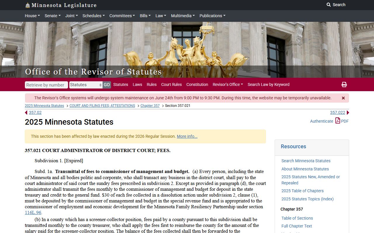 Minnesota district court filing fee statute page