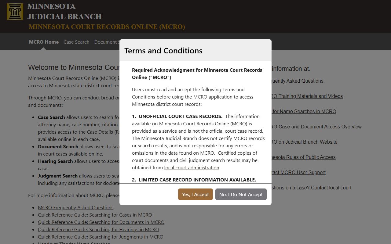 Minnesota Court Records Online home page