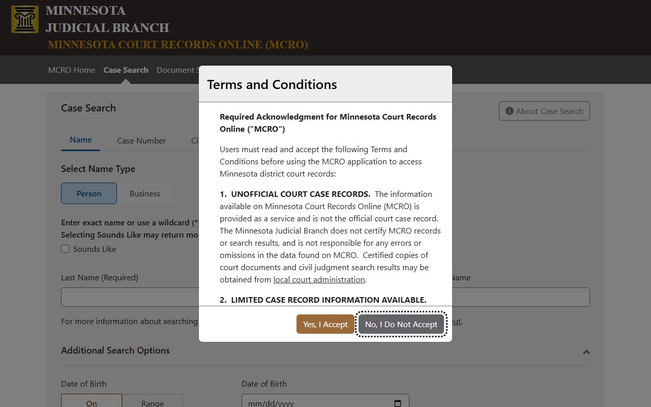 MCRO Case Search page