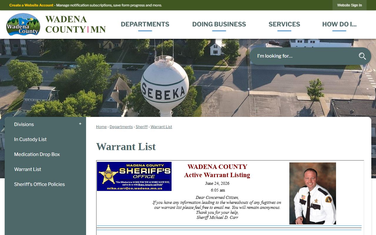 Wadena active warrant list page