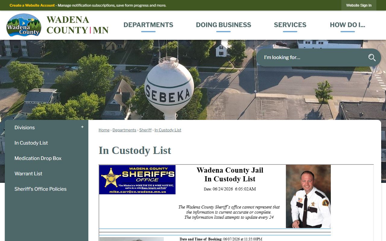 Wadena County in-custody list page