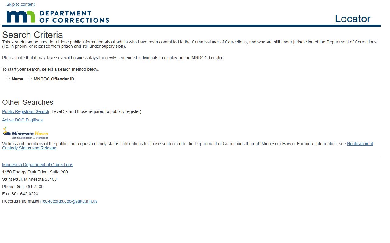 Minnesota Department of Corrections locator page