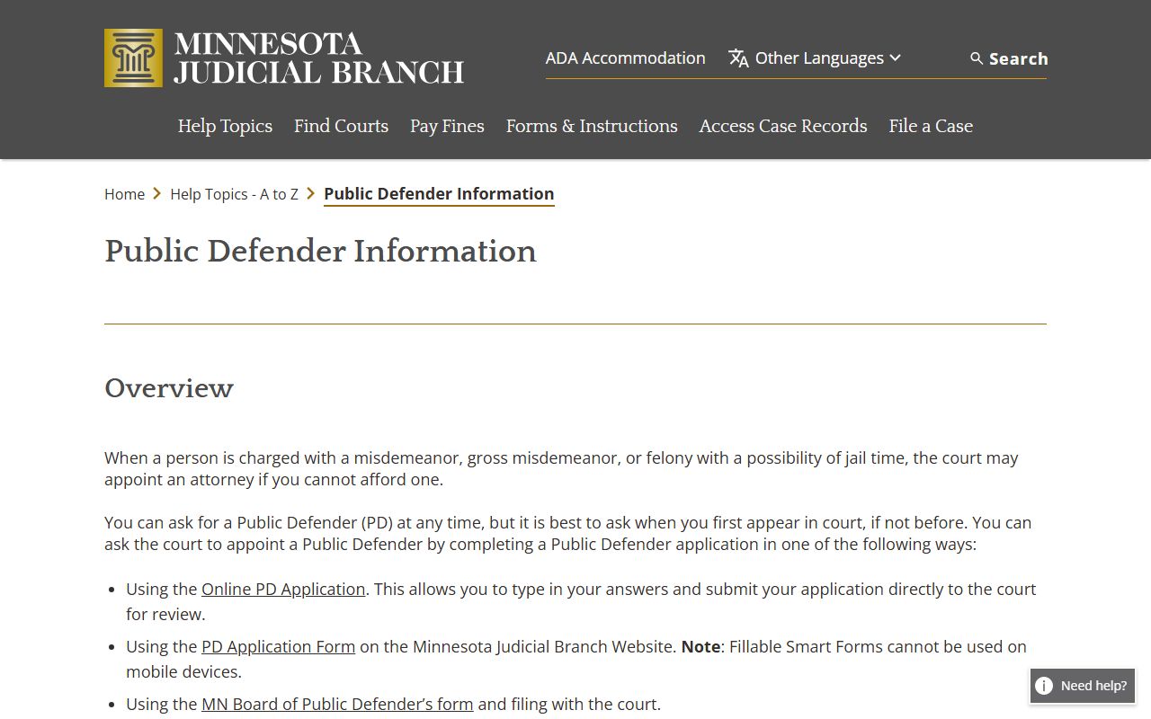 Minnesota public defender help page