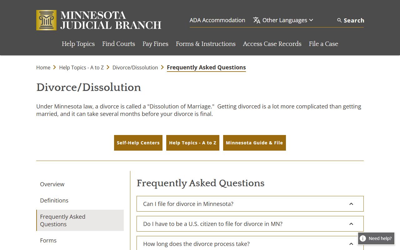 Minnesota divorce FAQ page used as a District Court source capture