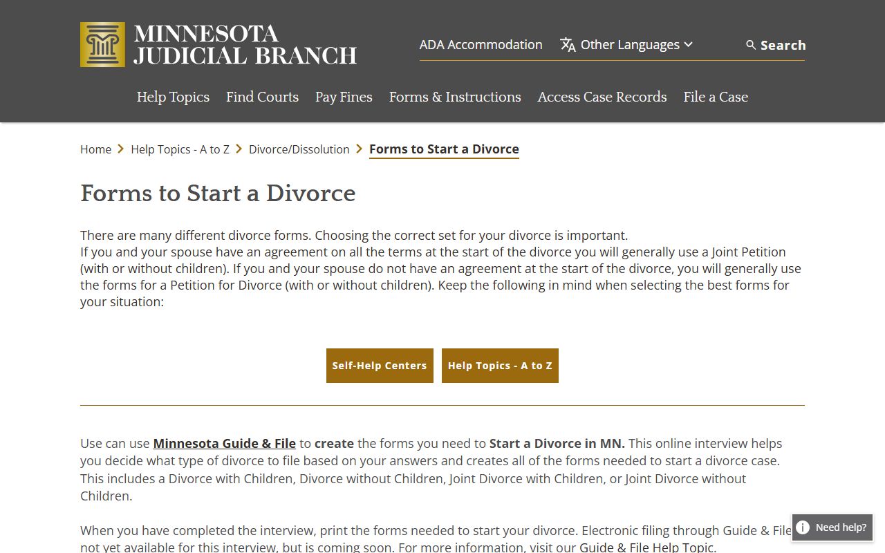 Minnesota divorce forms to start page