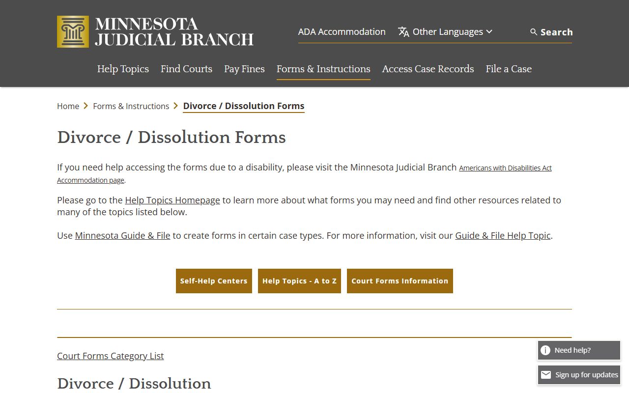 Minnesota divorce dissolution forms list page