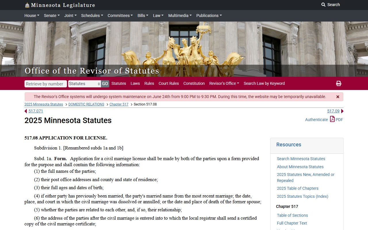 Minnesota marriage license statute page