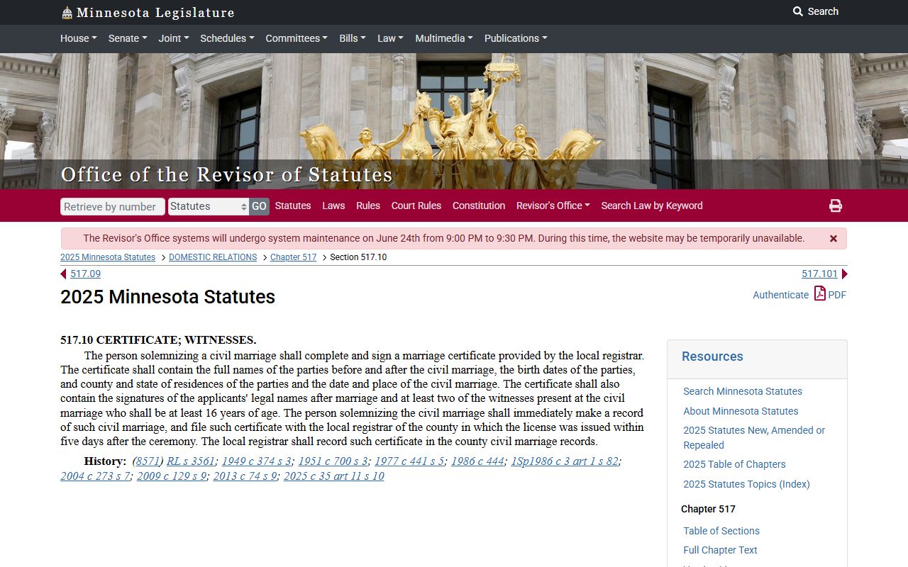 Minnesota marriage certificate filing statute page
