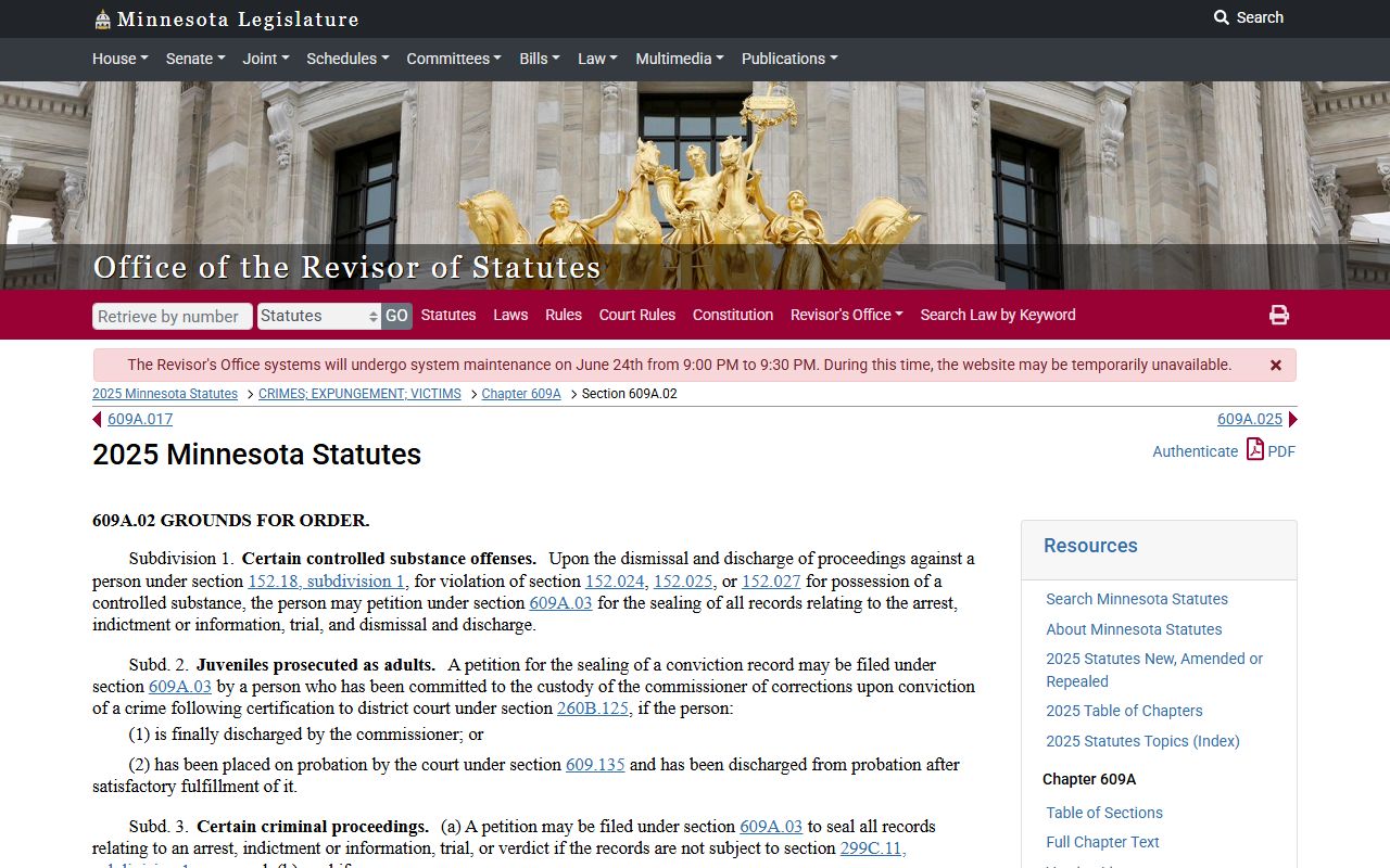 Minnesota expungement grounds statute page
