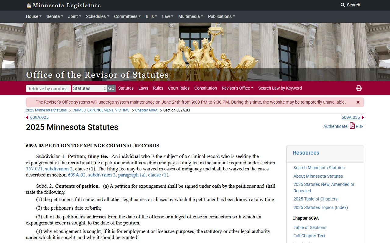 Minnesota expungement petition statute page